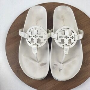 Tory Burch Miller Sandals Shoes Womens Size 9 White Leather Flat Thong Logo